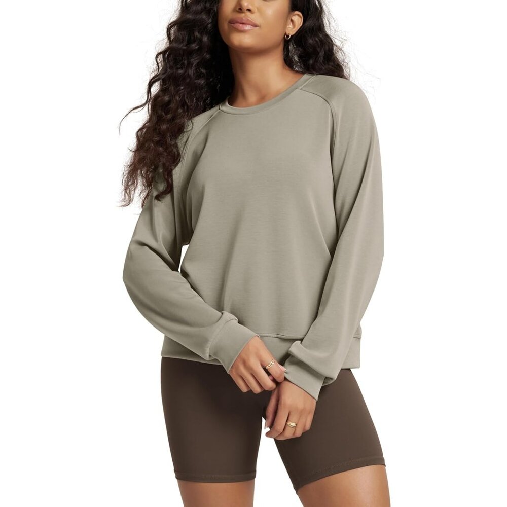 Women's Khaki Soft Raglan Long Sleeves Sweatshirts for Oversized Crew Neck